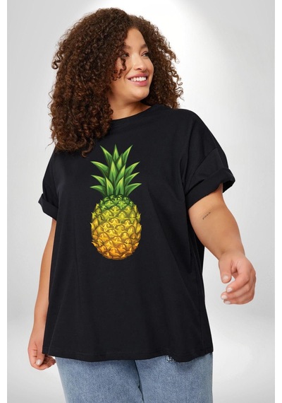 Angemiel Ananas Meyve Siyah Büyük Beden Erkek Kadın Unisex Basic Ön Baskılı Tişört Siyah