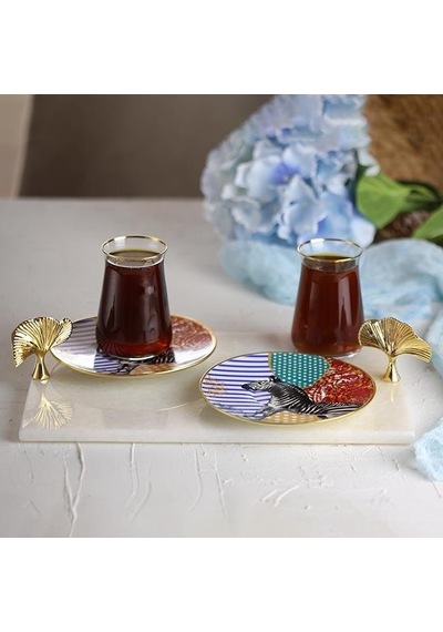 Akayev Mermer Beyaz 30x20 Cm Altın Ginkgo Sunum Tabağı Çok Renkli