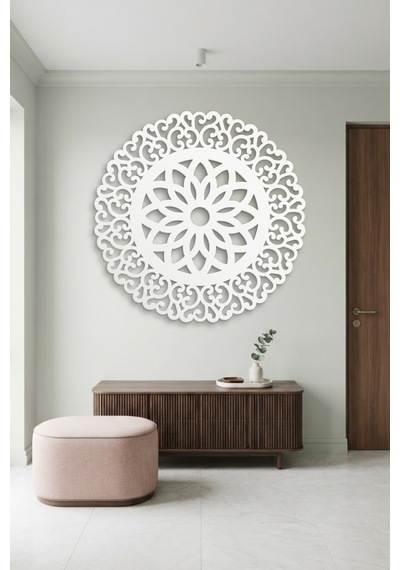 Lotus Mandala Metal Duvar Tablosu - Duvar Sanatı - Duvar Dekoru - Beyaz
