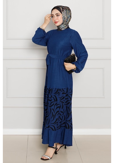 Sevitli Eteği Desenli Karin Elbise-saks Mavi-4269-saks Mavi Saks Mavi