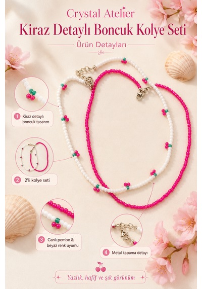 Crystal Atelier 2'li Pembe Kiraz Boncuk Kolye Seti El Yapımı Kum Boncuk Beyaz Pembe İkili Choker Kombini Meyve Temalı Hediyelik Kolye Pembe - Beyaz
