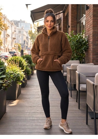 DefyModa Kadın Yarım Fermuarlı Kanguru Cepli Peluş Wellsoft Sweatshirt Kahverengi