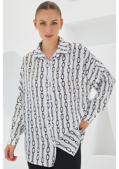 Bigdart Kadın Siyah Beyaz Desenli Oversize Saten Gömlek 3985 3985bgd19-110-14887 001