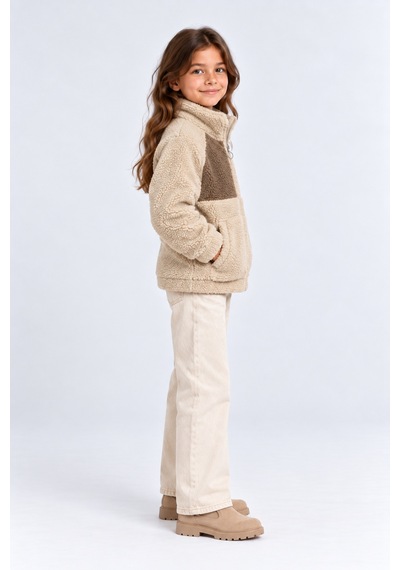 Ahengim Kız Erkek Çocuk Peluş Kuzu Mont Unisex Fermuarlı Dik Yaka Sıcak Tutan Çocuk Ceket Ak100 Bej