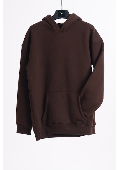 Unisex Kapüşonlu Oversize Düz Basic Kahverengi Sweatshirt
