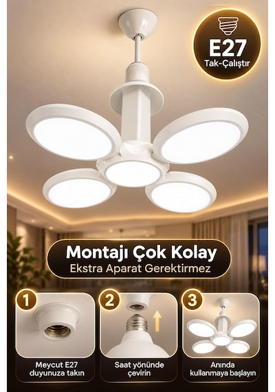 60w Ufo 4+1 Kanatlı Led Ampul, E27 Duy, 6500k Beyaz Işık, 5400 Lümen Diğer