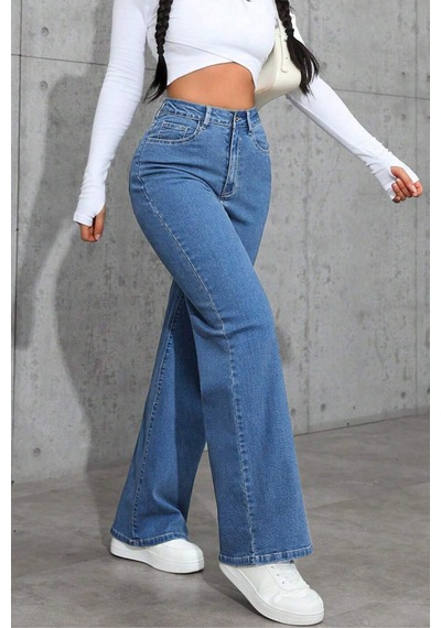 Orta Mavi Palazzo Pantolon Wide Leg Yüksek Bel Denim Jeans Orta Mavi