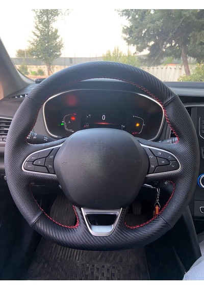Megane 4 İcon Araca Özel Direksiyon Kılıfı Nokta Karbon Kırmızı İp Siyah