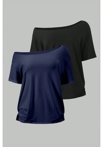 Siyah Lacivert 2li Paket Kadın Düşük Omuz Kayık Yaka Oversize T-shirt Siyah Lacivert