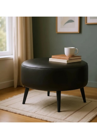 Waterybrook Suni Deri Puf Large - Siyah Ahşap Ayaklı - Retro Modern Tasarım - Dekoratif Sehpa Siyah