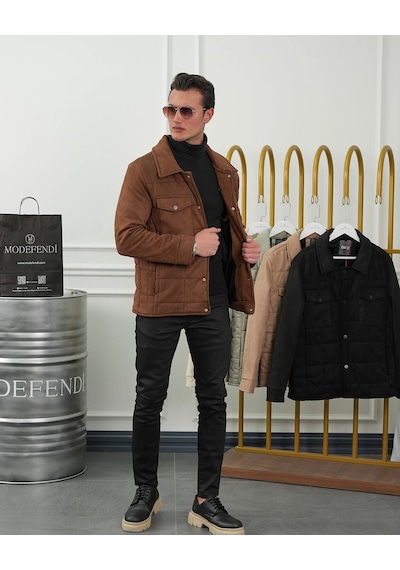 Modefendi Yüksek Kalite Desenli Yarım Oversize Nubuk Mont Kahverengi