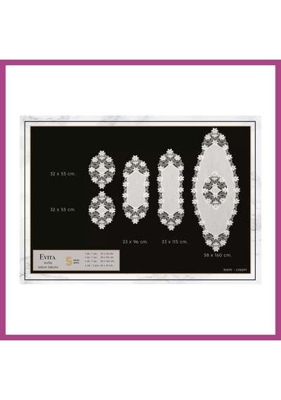 Gees Global Evita Model Krem-krem 5 Parça Keten Dantelli Salon Takımı Runner Seti No 6859 Gbzs