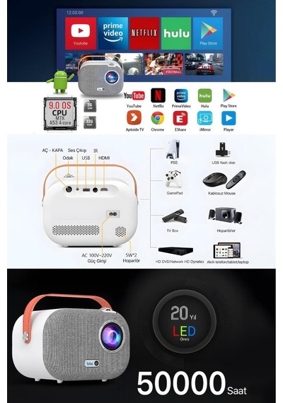 Vega Iı Android Projeksiyon Cihazı Full Hd 1920 1080 4k Desteği 200 Ansı Lümen Wifi Bluetooth Uyumlu