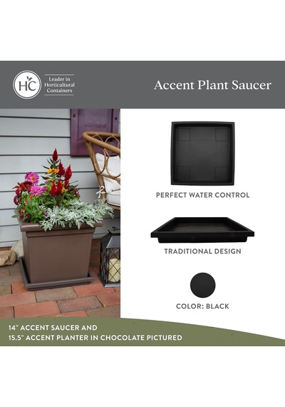 Lexroo 14 İnç Accent Kare Plastik Bitki Tabağı - 14"x14"x1.8", Siyah
