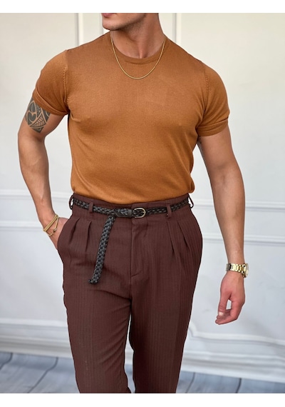Modefendi Yüksek Kalite Slim Fit Triko Kumaş Tshirt Taba