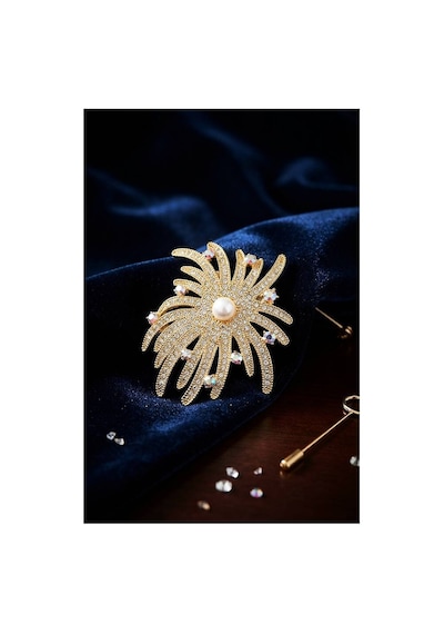 Zirkon Taşlı Gold Renk İnci Detaylı Broş Tj-br504 Evimdeyokyok