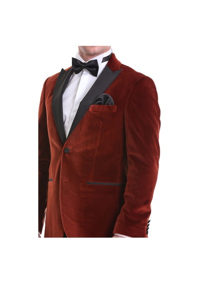 Hatemoğlu Kiremit Slim Fit Düz Sivri Yaka Kadife Klasik Smokin Damatlık 33 Kahverengi