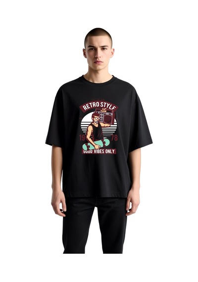 Paybuy Erkek Oversize Grafik Baskılı Tişört Retro Müzik Temalı Pozitif M Siyah