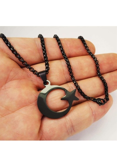 Siyah Ay Yıldız Bayrak Çelik Erkek Kolye Zincir - Sevgiliye - Eşe- Babaya - Arkadaşa Kolye