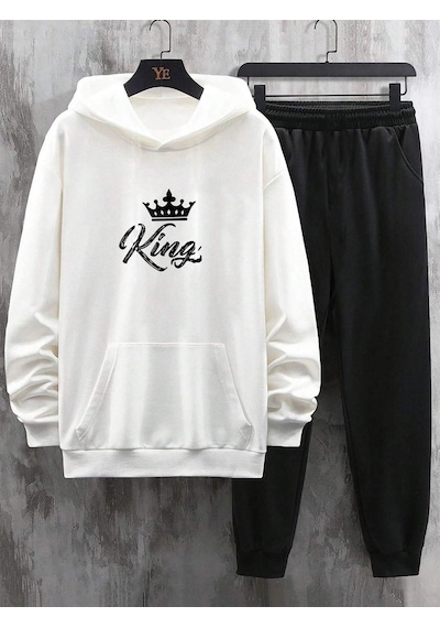 King Taç Eşofman Takımı Beyaz Sweatshirt Siyah Jogger - Baskılı Oversize Şardonlu Kapüşonlu Beyaz King Taç Eşofman Takımı Beyaz Sweatshirt Siyah Jogger - Baskılı Oversize Şardonlu Kapüşonlu Beyaz
