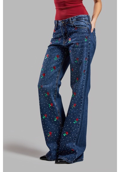 Itsbasic Kadın Kot Rengi T2w48 Çiçek Baskılı Parlak Taşlı Loose Fit Tasarım Denim Jean Kot Rengi Çiçek Baskılı