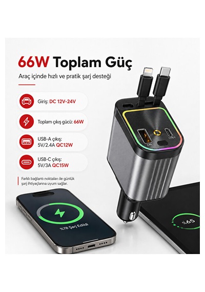 66w Geri Çekilebilir 4'ü 1 Arada Araç Şarj Cihazı Type-c Lightning 01