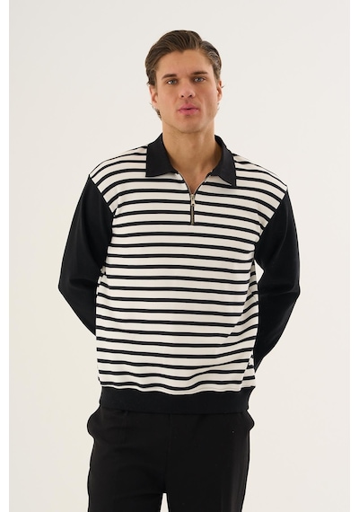 Çizgili Yarım Fermuarlı Polo Yaka Uzun Kollu Sweatshirt Siyah