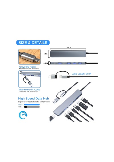 Dizüstü Bilgisayar İçin Usb C Hub, Usb 3.0 Hub, 7 İn 1 Usb-c