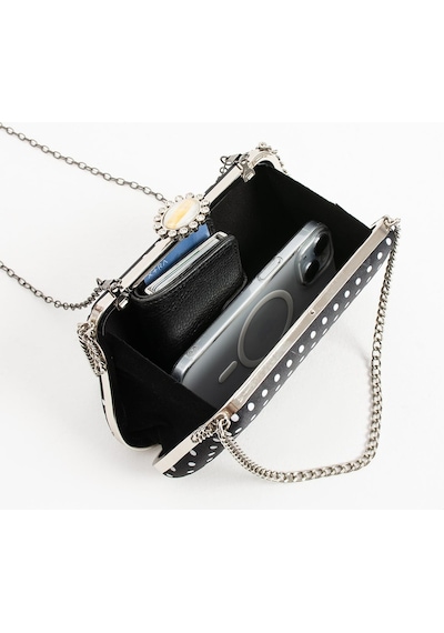 Lebibe Shoes Polkıa Siyah Saten Kumaş Puantiye Desenli Zincir Askılı Klips Kapamalı Clutch Çanta