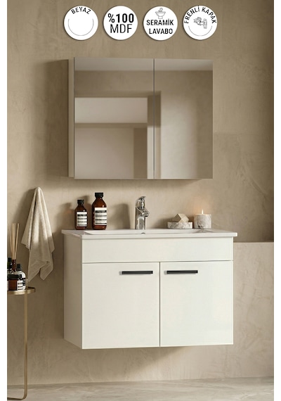 Petunya 80 Cm Beyaz Mdf Seramik Lavabolu Asma Banyo Dolabı Takımı