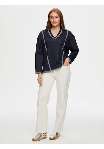 Faik Sönmez V Yaka Ters Dikiş Detaylı Sweatshirt W26swt002 Uw26swt00227 İndigo