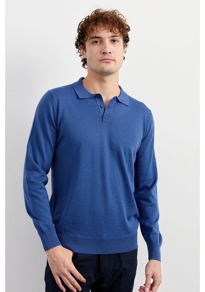 Desen Erkek Basic Polo Yaka İnce Triko Kazak İndigo İndigo