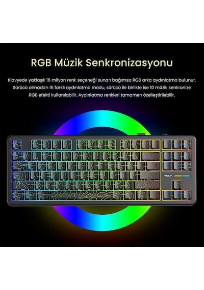 Aula F87 Pro Mekanik Rgb Tkl Kayhua İntelligent Switch Kablosuz Makrolu Hot Swap Klavye Desenli Siyah