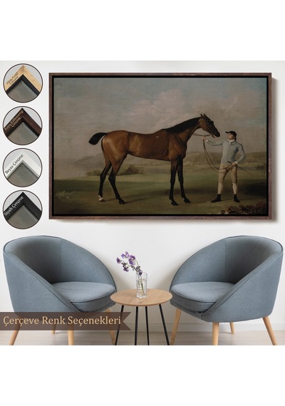 Ahşap Çerçeveli George Stubbs'un Uzun Bacaklı At Ve Jokeyi Tablosu - Molly Long-legs With Her Jockey-7012