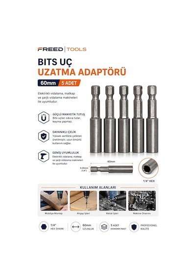 Bits Uç Uzatma Adaptörü 5 Adet 60 Mm Manyetik Vidalama