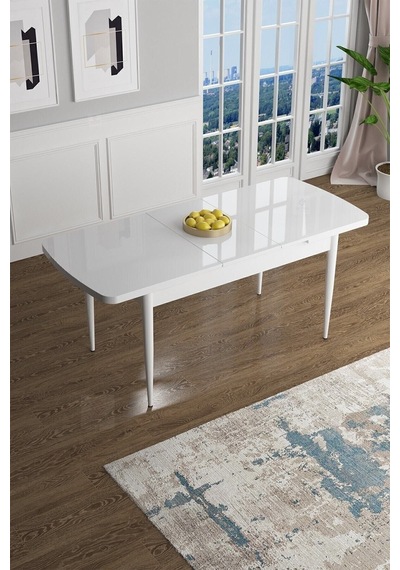 Canisa Concept Han Serisi 70x114 Açılabilir Mdf Mutfak Masası Takımı Beyaz Masa 6 Krem Sandalye Masa Beyaz Sandalyeler Krem