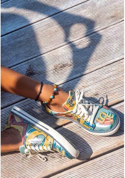 Kadın Vegan Deri Turkuaz Sneakers - Love Tasarım Çok Renkli