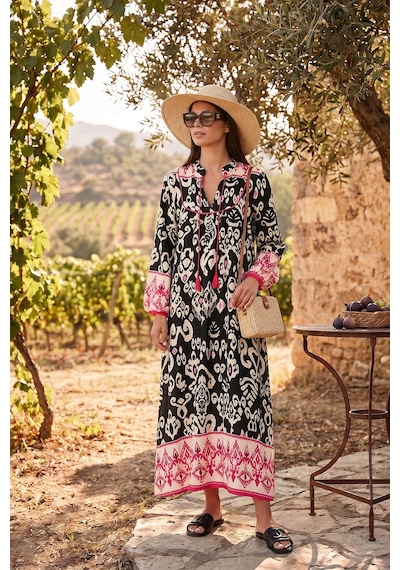Lela Modest Desenli Regular Fit Bağlamalı V Yaka Maxi Bayan Elbise 611El510 Siyah
