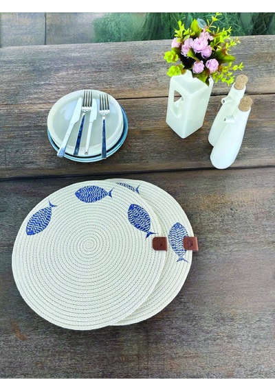 2'li Set Balıklar İşlemeli Amerikan Servis-leke Tutmaz Natural 33 Cm Beyaz