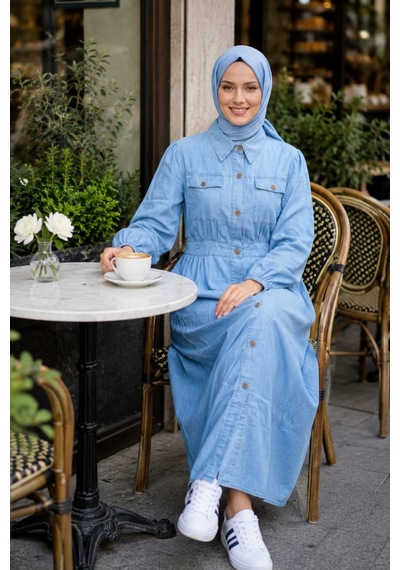 Hb Harma Time Butik Kadın Düğmeli Açık Mavi Kot Tesettür Elbise Açık Mavi Açık Mavi