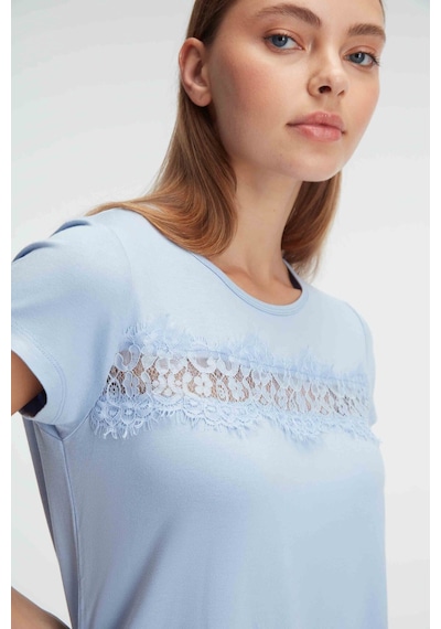 Man9885-1014 Anil Ev Giyim Man9885 Anıl 9885 Kısa Kol Bisiklet Yaka Kadın Viskon Çiçek Desenli Yazlık Örme Dantel Detaylı Pijama Takımı Mavi