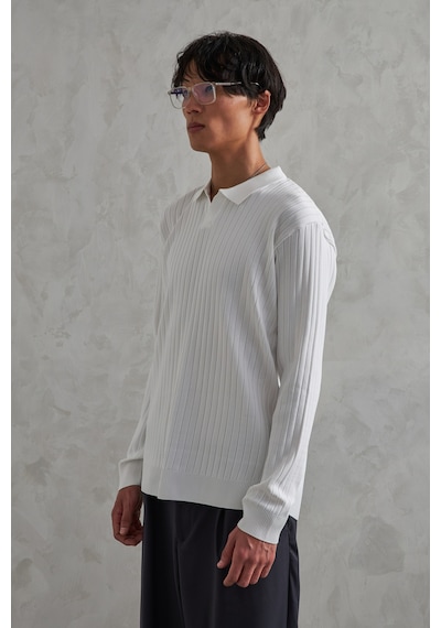 Erkek Polo Yaka Fitilli Oversize Triko Kazak Beyaz