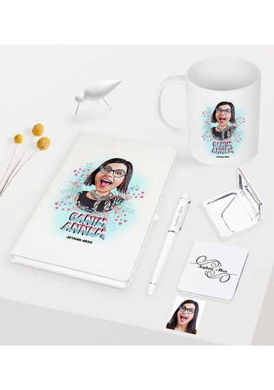 Kişiye Özel Canım Annem Karikatürlü Beyaz Defter Kalem Kupa Ayna