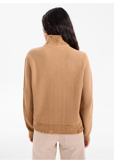 Fabrika F6wl-hrk0048 Camel Kadın Dik Yaka Fitilli Regular Fit Triko Hırka