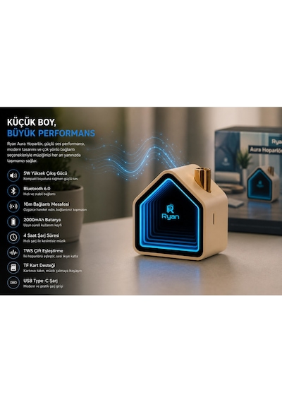 Aura Bluetooth Hoparlör Infinity Ayna Led Işıklı Tws Çift Eşleştirme Bluetooth 6.0 2000mah Şarjlı Taşınabilir Hoparlör Ry-neo1