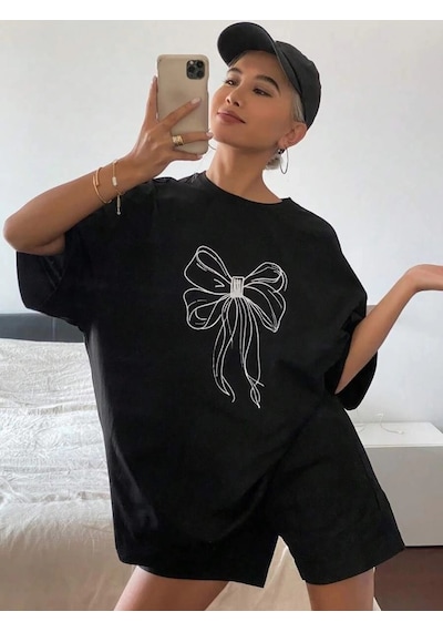 Kadın Baskılı Kısa Kol Oversize T-shirt - Siyah Siyah