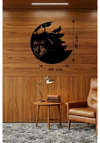 Mey İthalat Kurt Temalı Lazer Kesim Ahşap Duvar Saati - 40x40 Cm Dekoratif Çok Renkli
