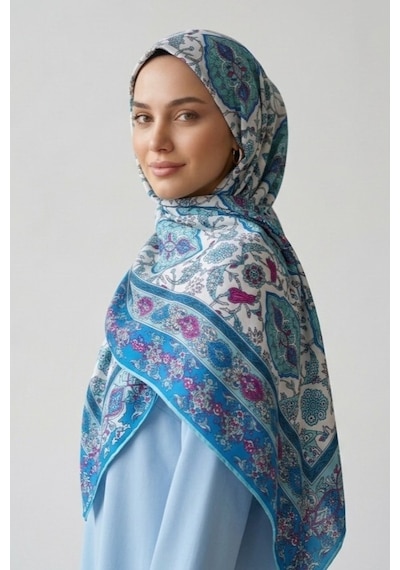 İpekçe Eşarp İp Rayon 100 100 Desenli - Turkuaz Turkuaz - Çok Renkli