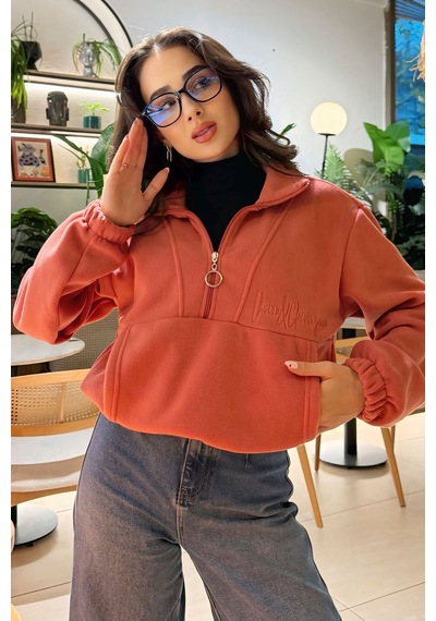 Tommy Life Yaban Gülü Yarım Fermuar Etek Ucu Büzgülü Kadın Polar Oversize Sweatshirt - 97171 Pembe