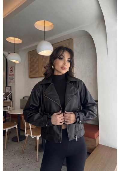 Laleli Butik Kadın Siyah Oversize Deri Ceket Siyahh Siyahh